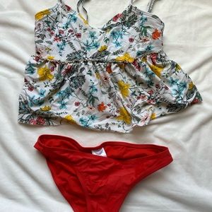 White floral top with flowery bottom size XS, redish/orange bottoms XS